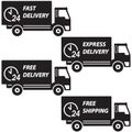 Delivery trucks set. Vector icon or sign. Fast delivery, express delivery, free delivery and free shipping with 24 hour clock symb